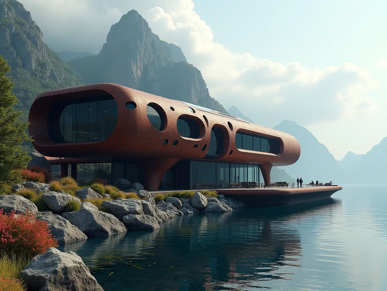 Create a high-resolution realistic image in 4k resolution a futuristic building rusty with black patterned Gebäude with curved pillars, mountains large trees, rock flowers a futuristic very large yacht with glass deck cloudy sky