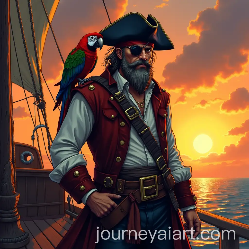 Rugged-Pirate-Captain-with-Parrot-on-Ship-Deck-at-Sunset
