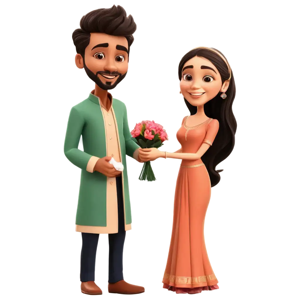 Indian-Man-Proposes-Bouquet-to-Wife-in-Traditional-Attire-PNG-Caricature-Image