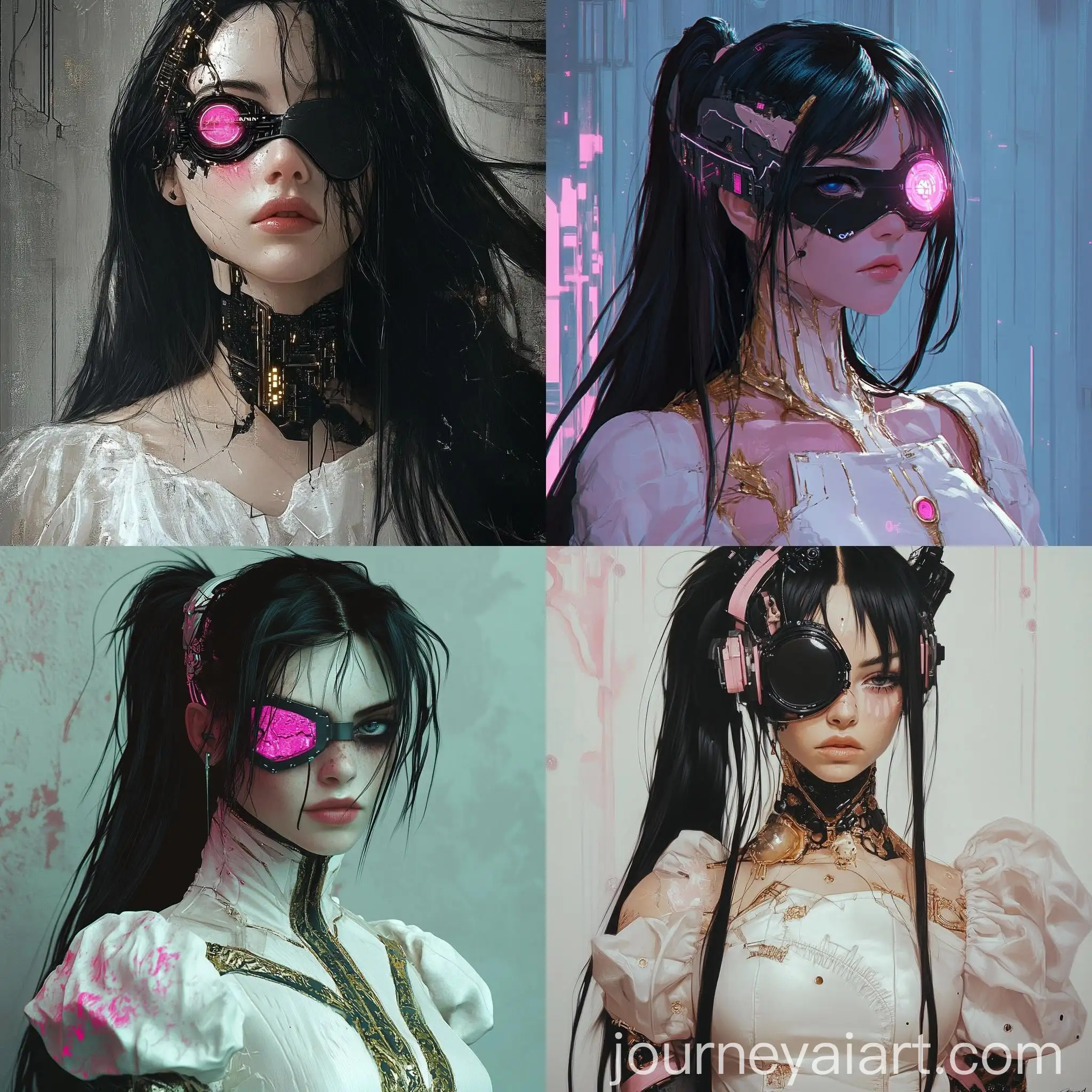 Cyberpunk-Woman-with-Black-Eye-Patch-and-Pink-Details-in-White-Dress