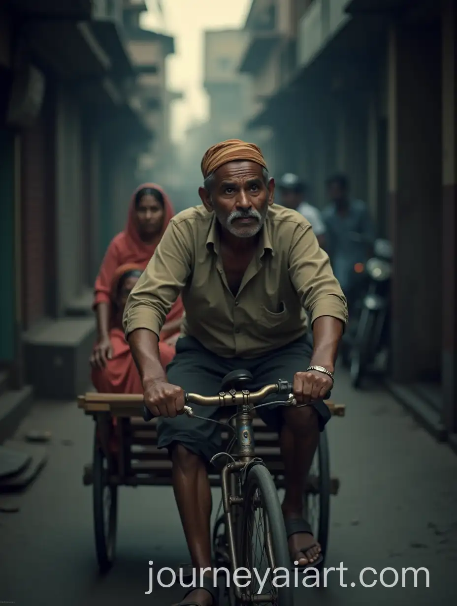 Elderly-Rickshaw-Puller-Struggling-with-Pedaling-Indian-Woman-Passenger