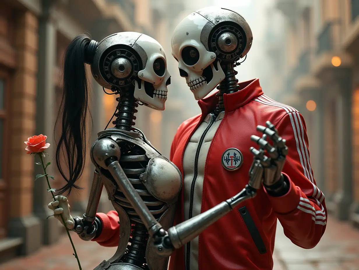 Create a high-resolution, realistic image of a robot dancing with a woman. It has a skeleton body, metal hands and the head of an alien, a fashionable tracksuit, steel hair and a rose in hand. 4K resolution (Steampunk-8K quality)