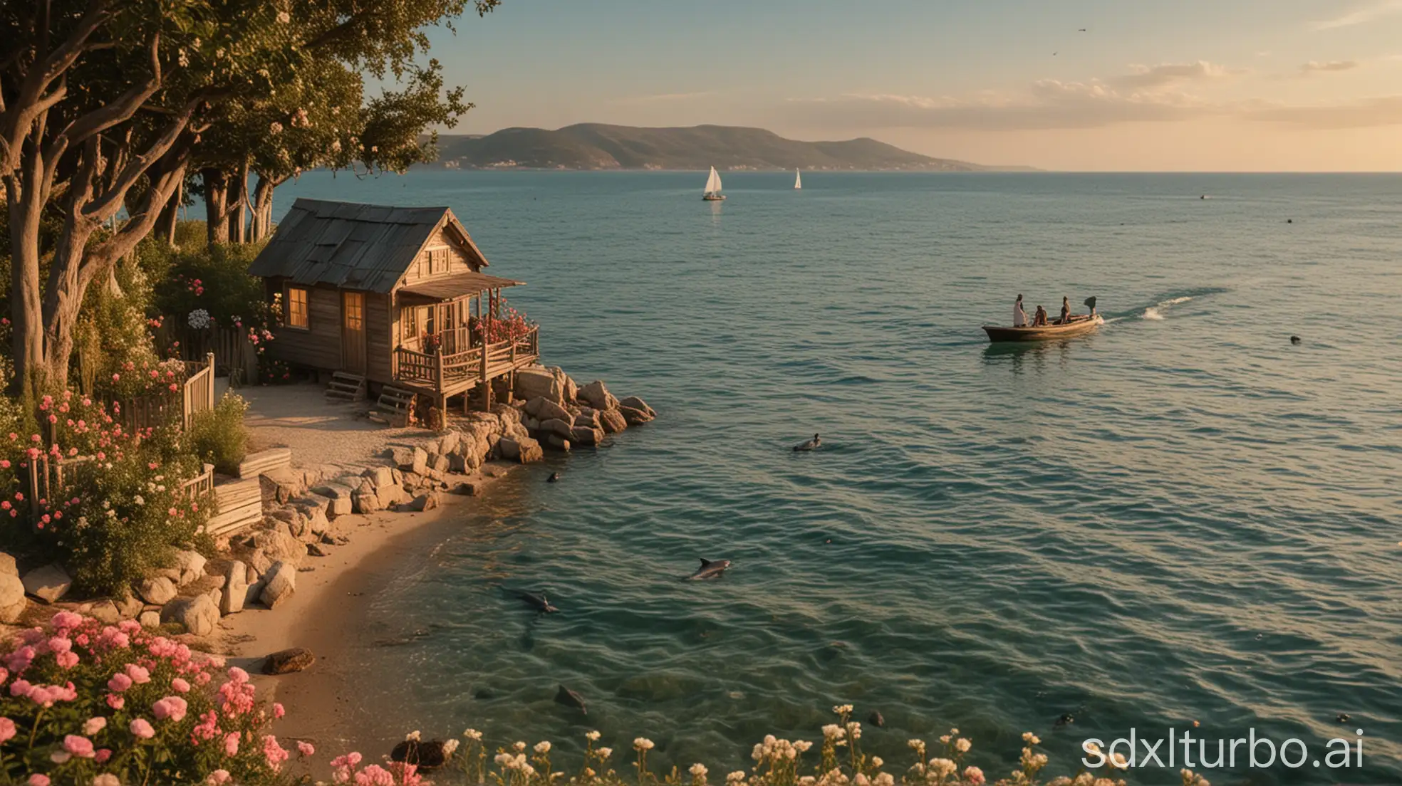 A peaceful seaside scene at golden hour in Turkey, with the glowing sun setting over calm blue waters. A rustic wooden shack sits on the shore, surrounded by blooming roses and vibrant flowers. A serene mermaid with flowing hair rests on nearby rocks, offering a rose to a passing dolphin leaping joyfully from the sea. Fish swim in the crystal-clear waters, while a sleek jet ski cruises gently in the distance. A small model of the Titanic floats near the horizon, adding a touch of history. A person sits under a tree near the shack, reading a book and enjoying an ice cream cone, embodying total relaxation and tranquility.