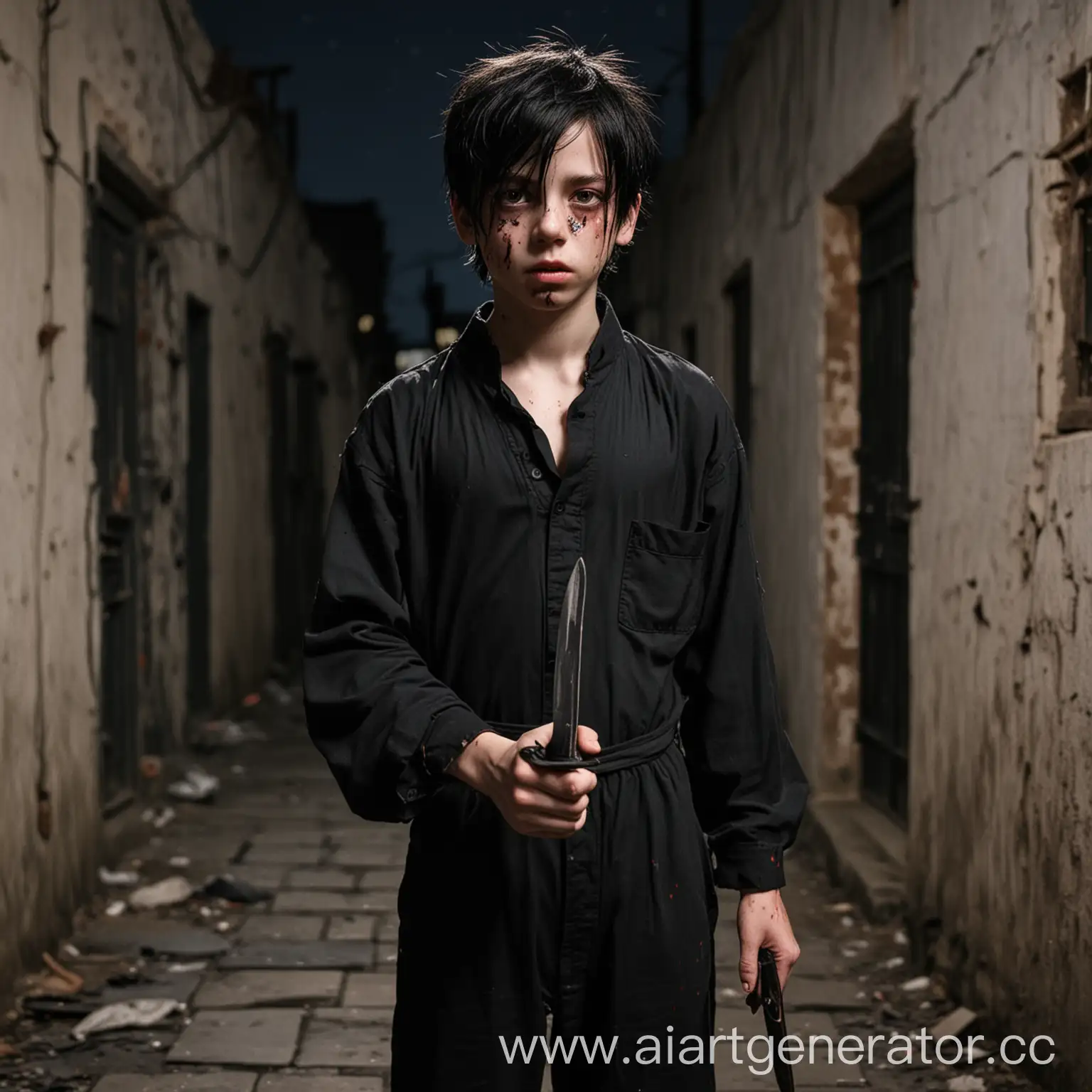 Mysterious-Boy-with-Scars-Holding-Bloody-Knife-in-Courtyard-at-Night