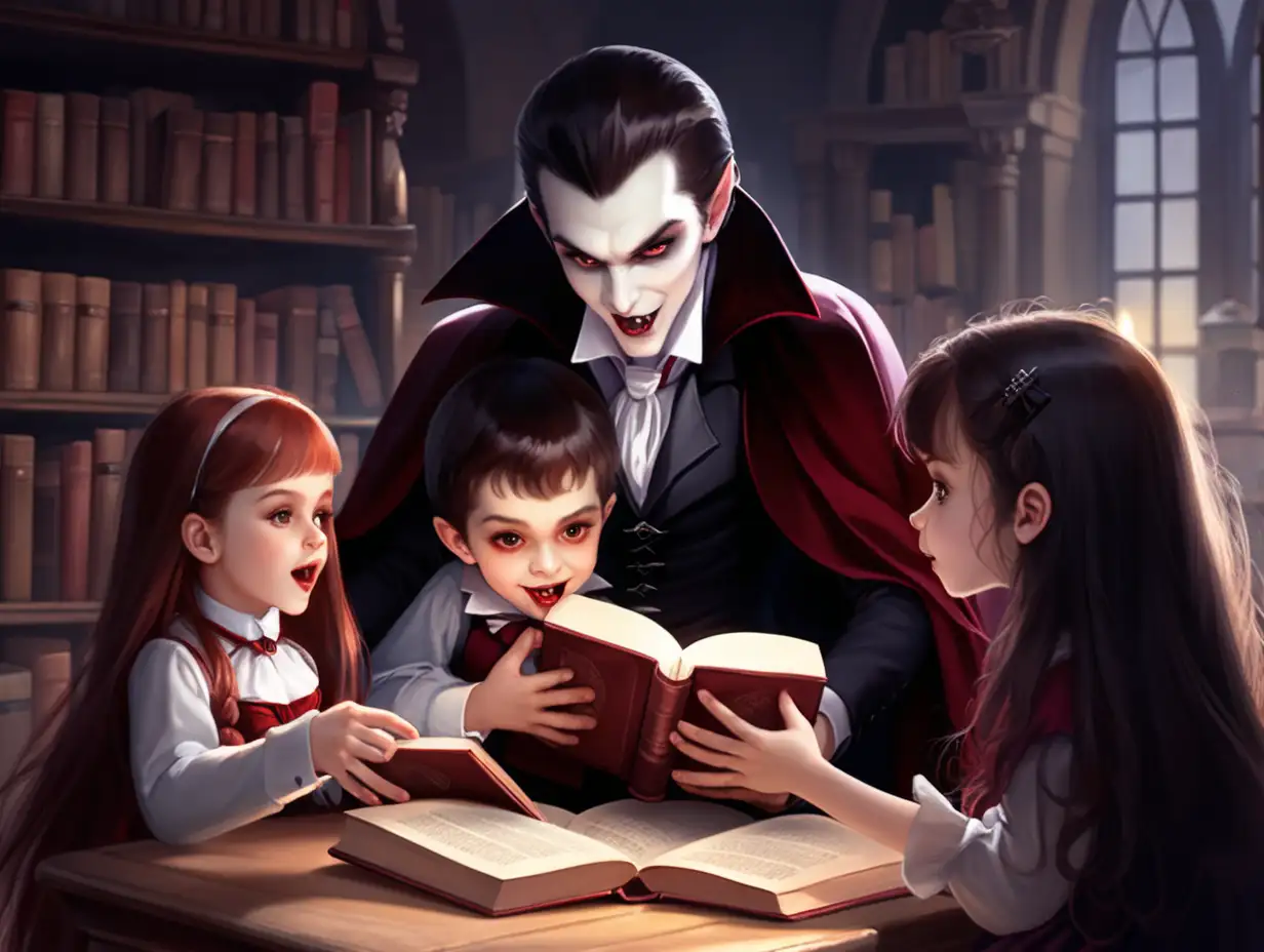 Young Vampire Playing with Children and Books