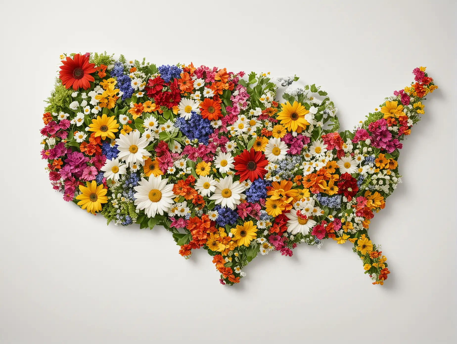 United States Made of Green and Bright Colored Flowers on White Background