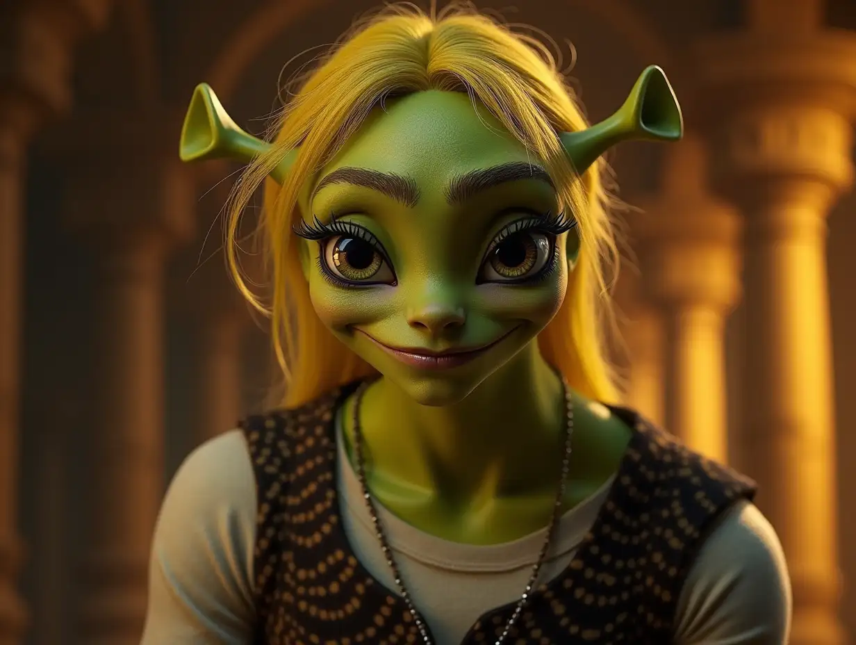 Young black and white patterned Shrek with a young black and white patterned Alien face, long neck, sharp chin with golden hair, with a slight smile on his face emphasizing her smile, modern, in a temple of much gold in various shades 4k nAlien-Face, with yellow hair, with a slight anger on her face emphasizing her anger, jewelry, in a temple of much Goldndifferent-Tones 4k