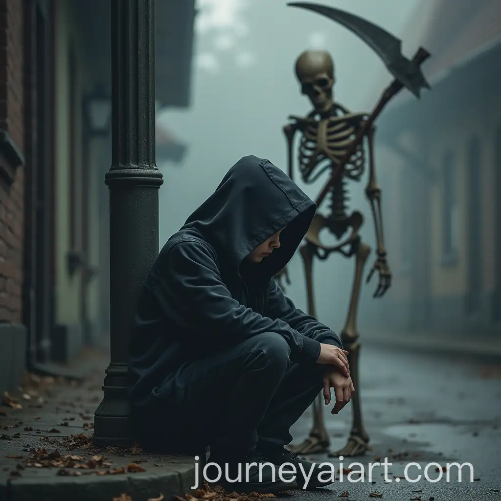 Sad-YoungAI-Art-Prompt-Expansion-Boy-in-Dark-Hood-Sitting-with-Skeleton-Holding-Scythe