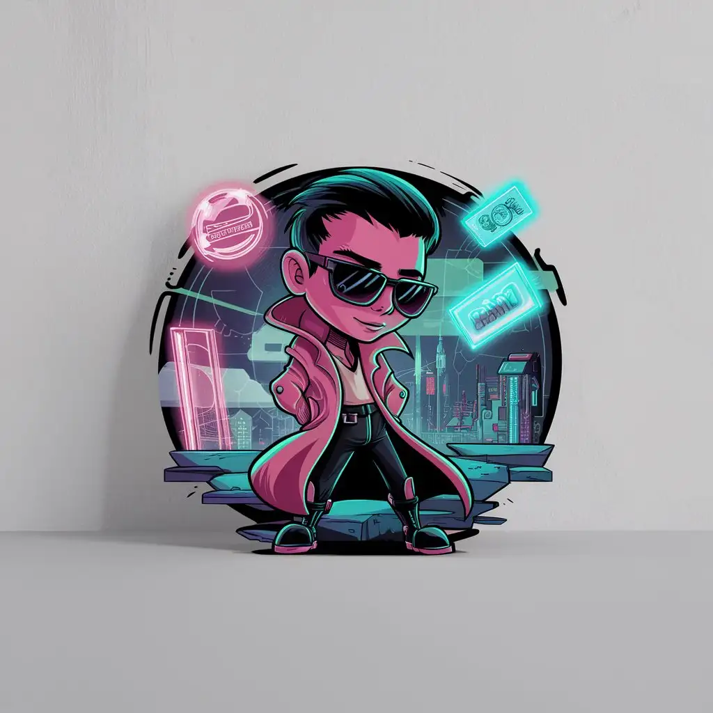 Cartoon Cyberpunk Scene with Futuristic Characters on Plain Background