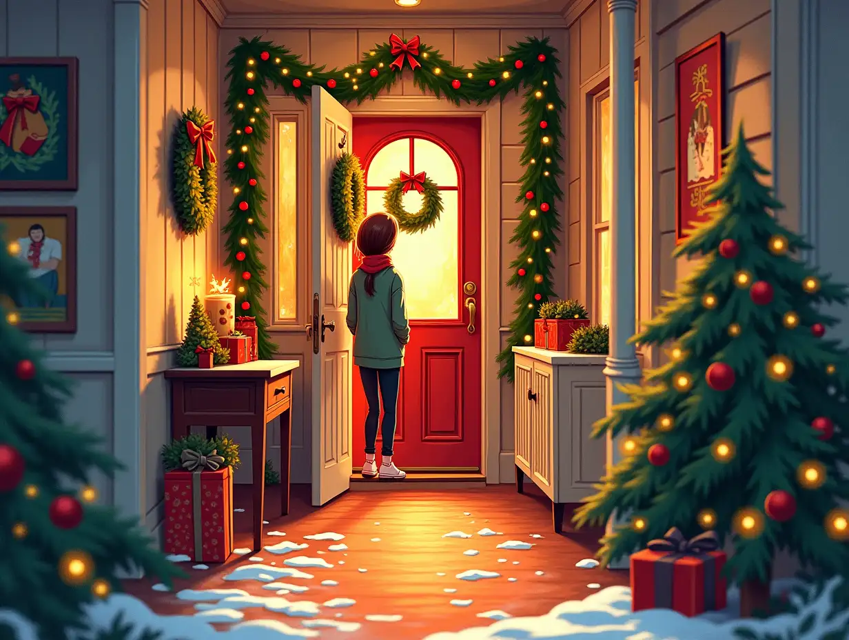 Create a hand-drawn, cartoon-style illustration from inside a cozy, Christmas-decorated home, focusing on the hallway leading to the front door. The perspective shows a partially opened door, just slightly ajar, with the person inside standing in the hallway, casually dressed, as they peek through the small opening. The door is decorated with a festive wreath, and the soft glow of light from the slightly open door adds to the sense of curiosity and holiday anticipation. The hallway features warm holiday touches like garlands, small twinkling lights, or a family photo with a Christmas theme. The scene uses vibrant and warm colors like red, green, gold, and white to create a magical, inviting atmosphere without revealing anything outside.