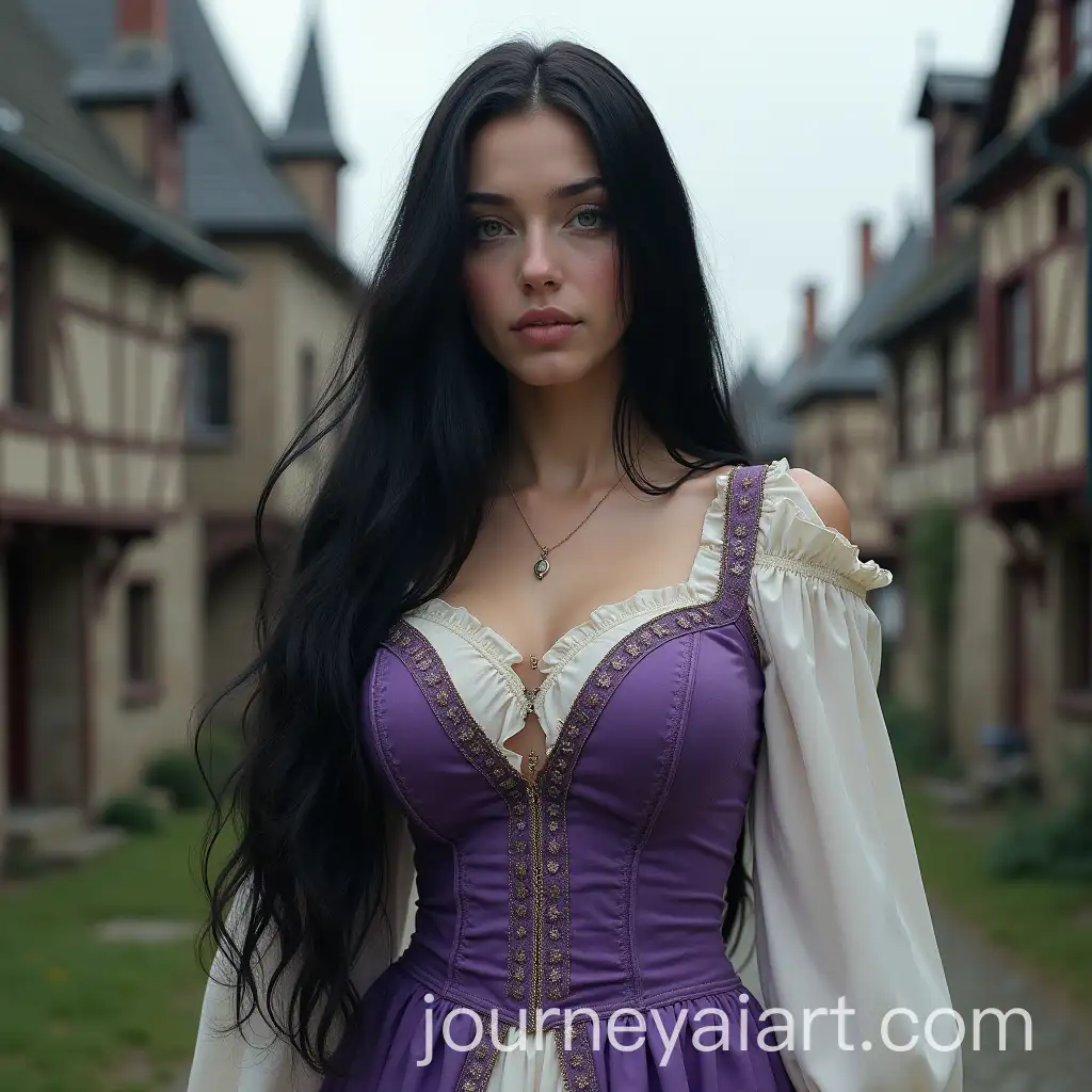MiddleAged-European-Woman-in-Violet-and-White-Dress-in-Fantasy-Town