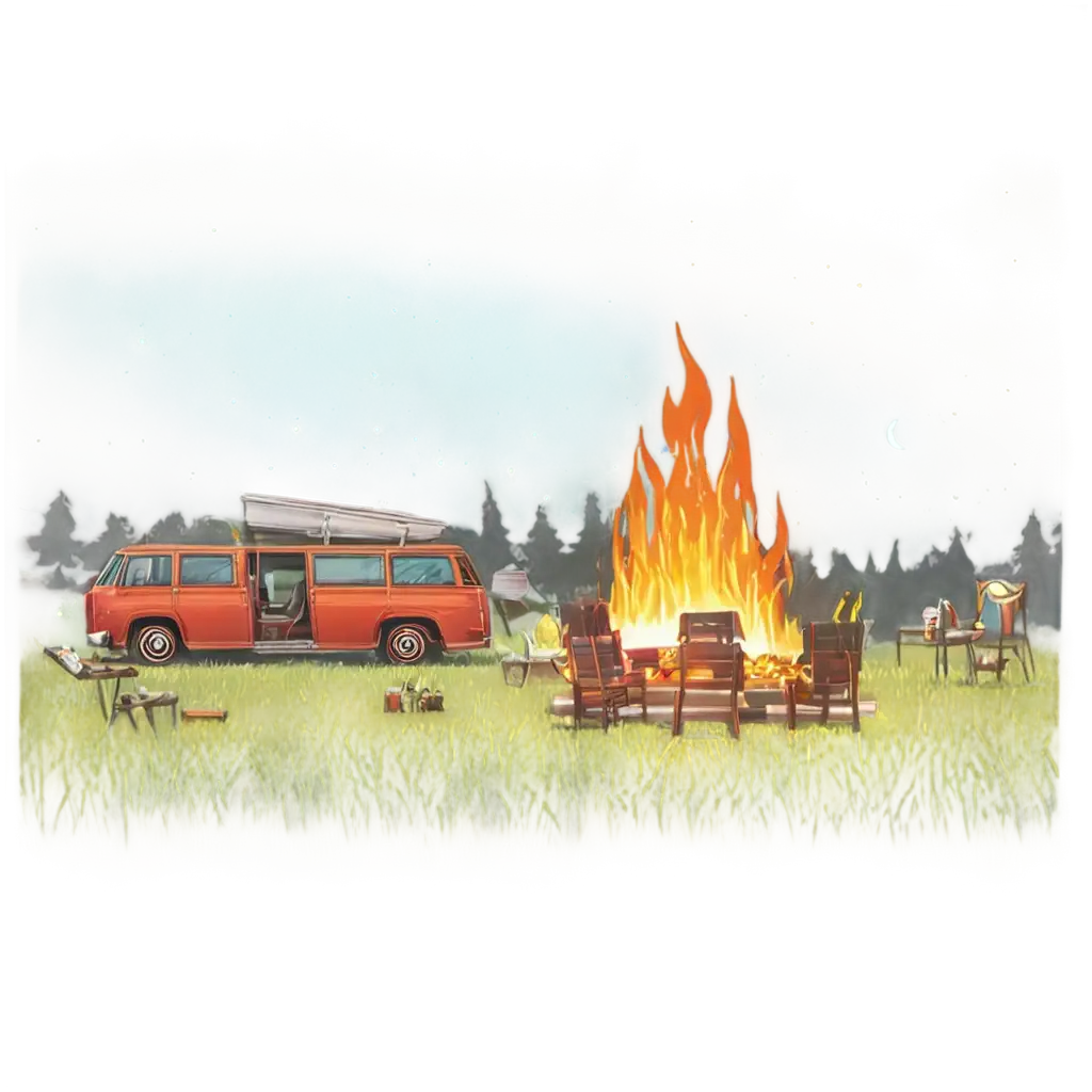 Stunning-Digital-PNG-Illustration-of-a-Camper-Van-by-the-Fire-Pit-Retro-Animated-Art-Style