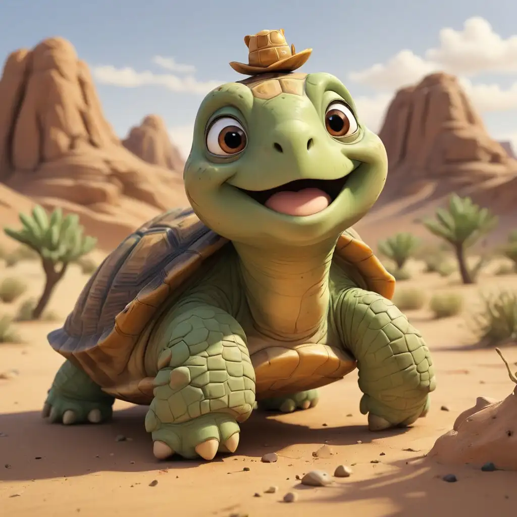 Happy Cartoon Tortoise in Desert Landscape