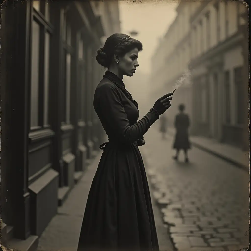 1880s image, daguerreotype, woman in a conservative dress, holding a cigarette, standing on a street corner, dark, misty, moody