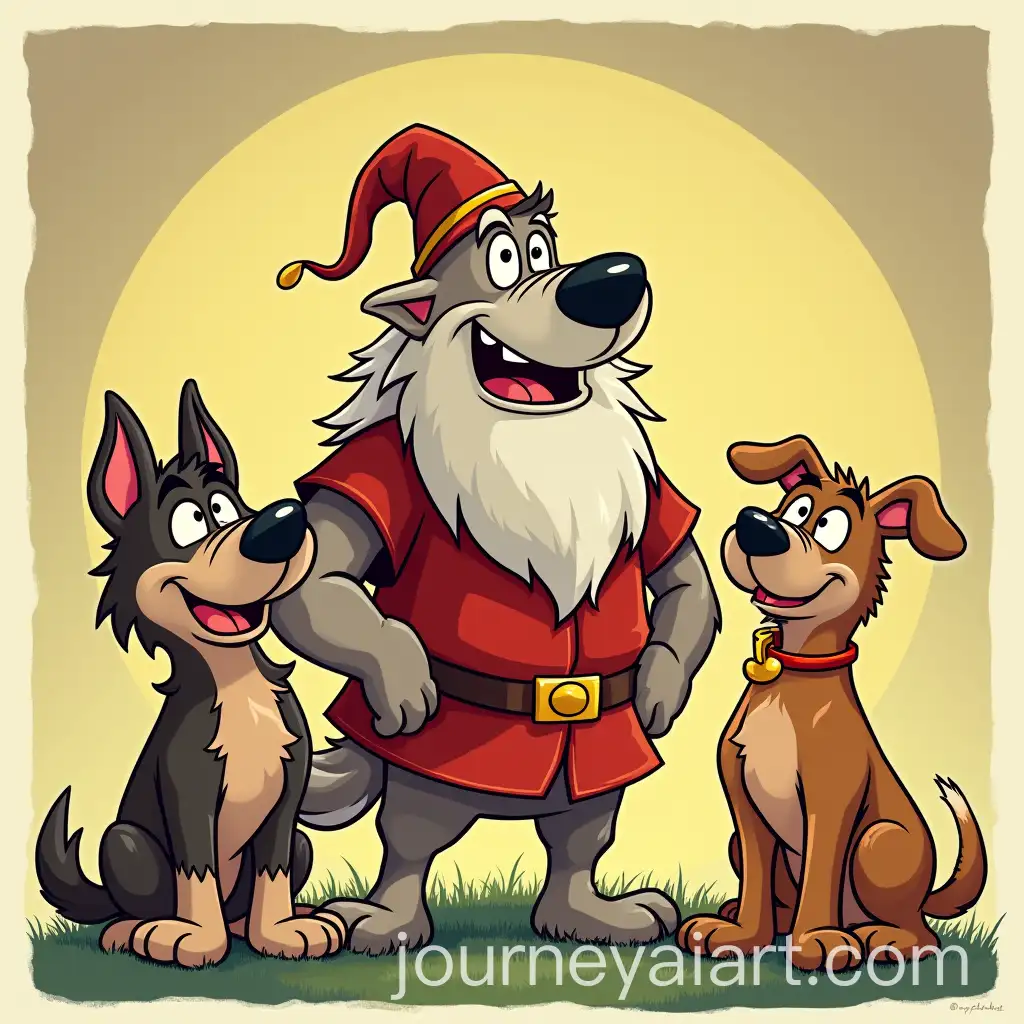 Cartoon-Poster-Featuring-Three-Bogatyrs-and-Dog-Patron