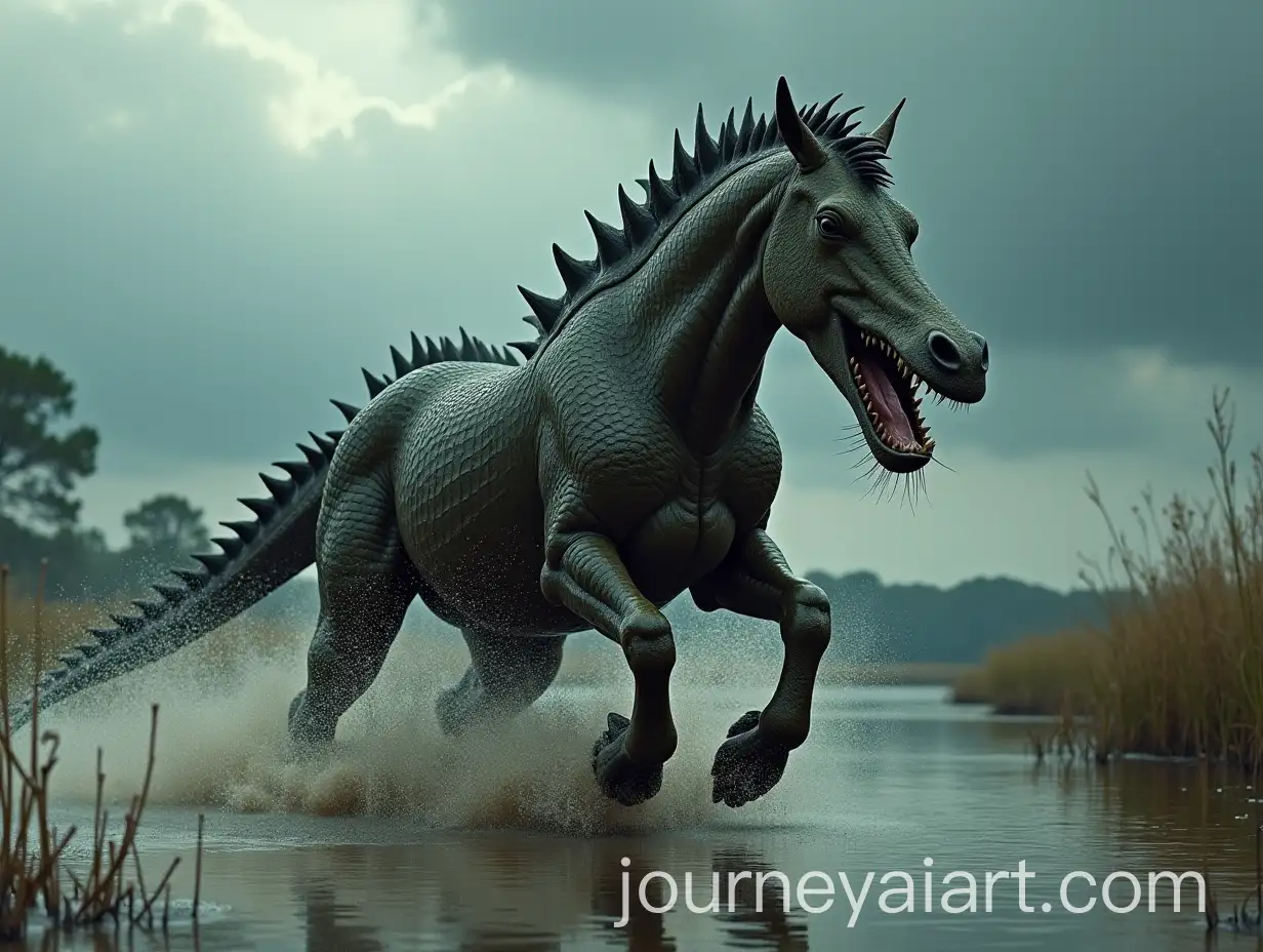 Terrifying-Hybrid-Creature-Charging-Through-Swamp-with-Armored-Body-and-Crocodile-Jaws