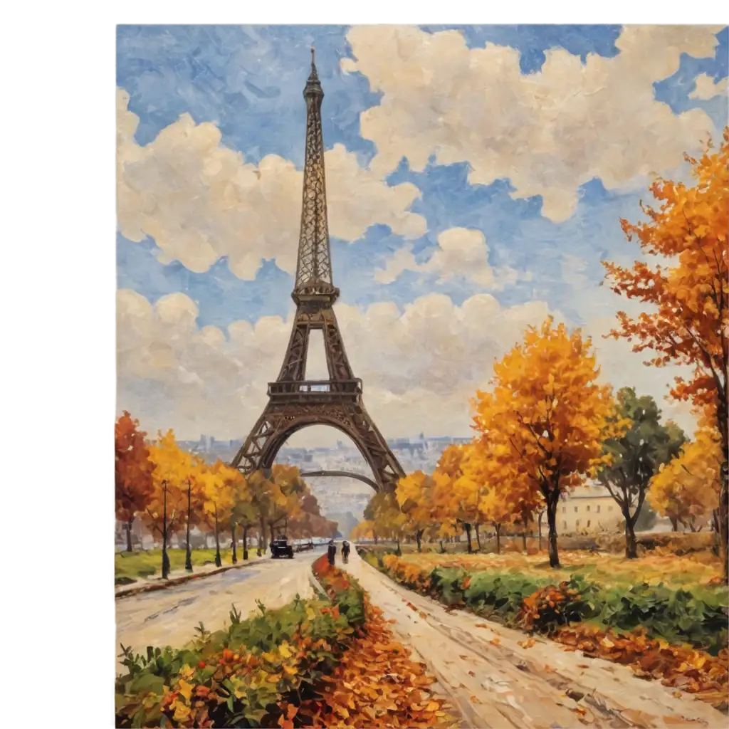 An image of a painting on canvas of the autumn landscape around the Eiffel Tower