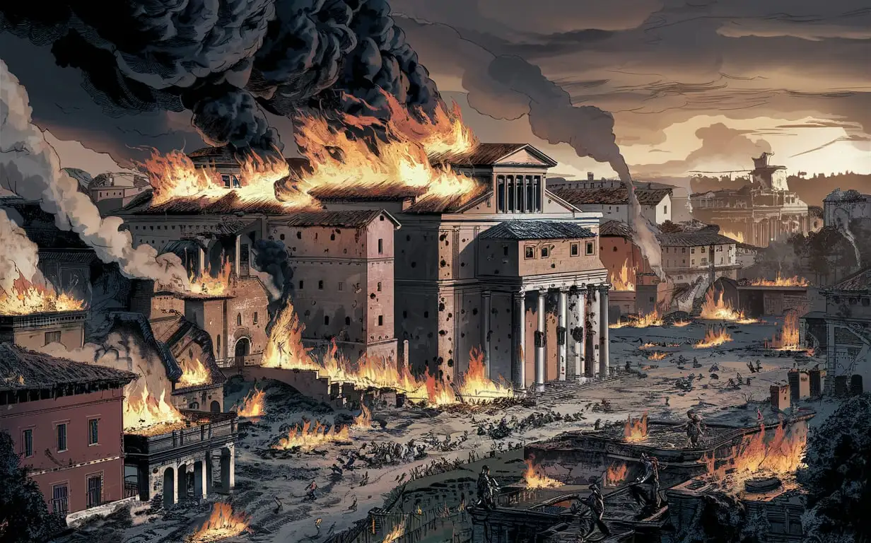 Ancient Rome Burning Wide View of Roman Buildings Ablaze