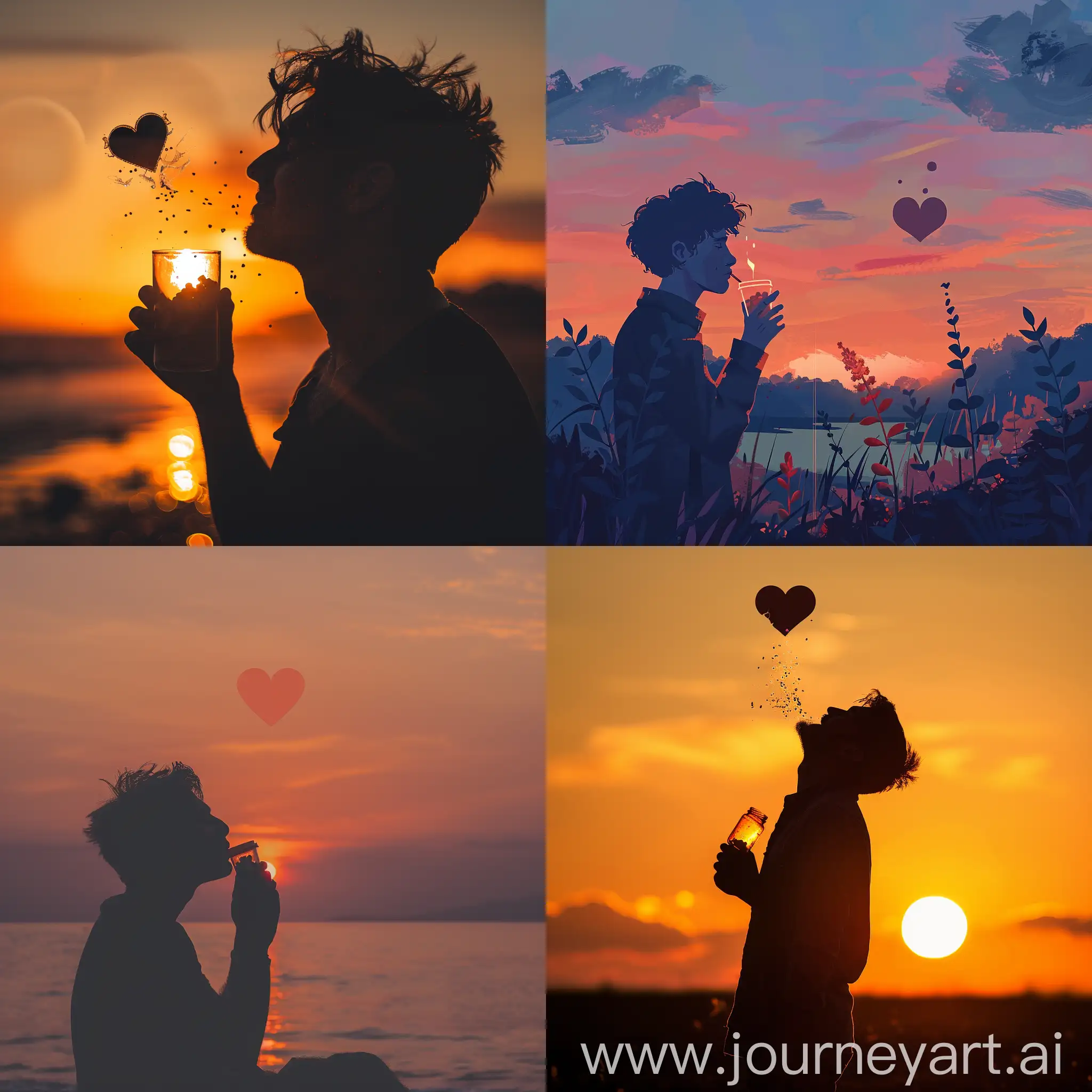 Man-Drinking-Pills-at-Sunset-with-Broken-Heart-Symbol