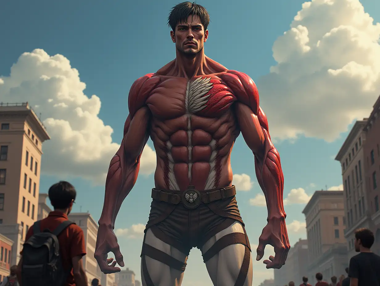 Ultradetailled hyperrealistic photo-realistic portrait of a 10 meter tall titan from Attack on Titan, Eren Jäger-titan 20 meters focusing on texture, surface and lighting to create depth, dimension and a photo-realistic appearance.in the city