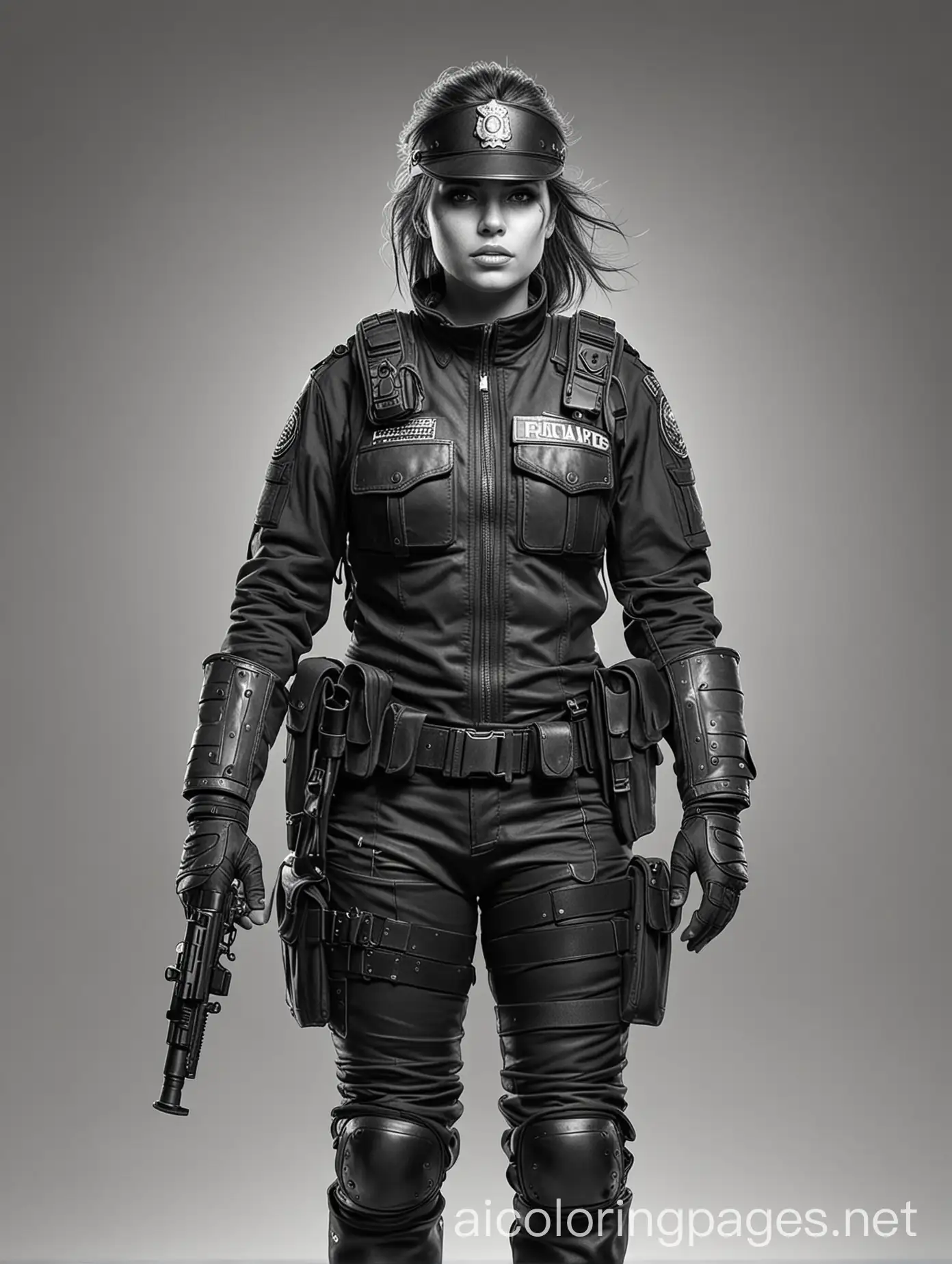 full color, highly realistic post apocalyptic female police officer in black riot gear, Coloring Page, black and white, line art, white background, Simplicity, Ample White Space. The background of the coloring page is plain white to make it easy for young children to color within the lines. The outlines of all the subjects are easy to distinguish, making it simple for kids to color without too much difficulty