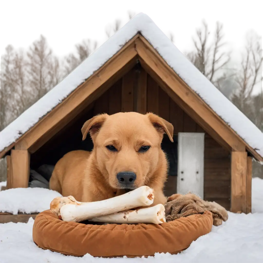 Dog lying on his bed while gnawing a bone, with a warm house in the background in winter