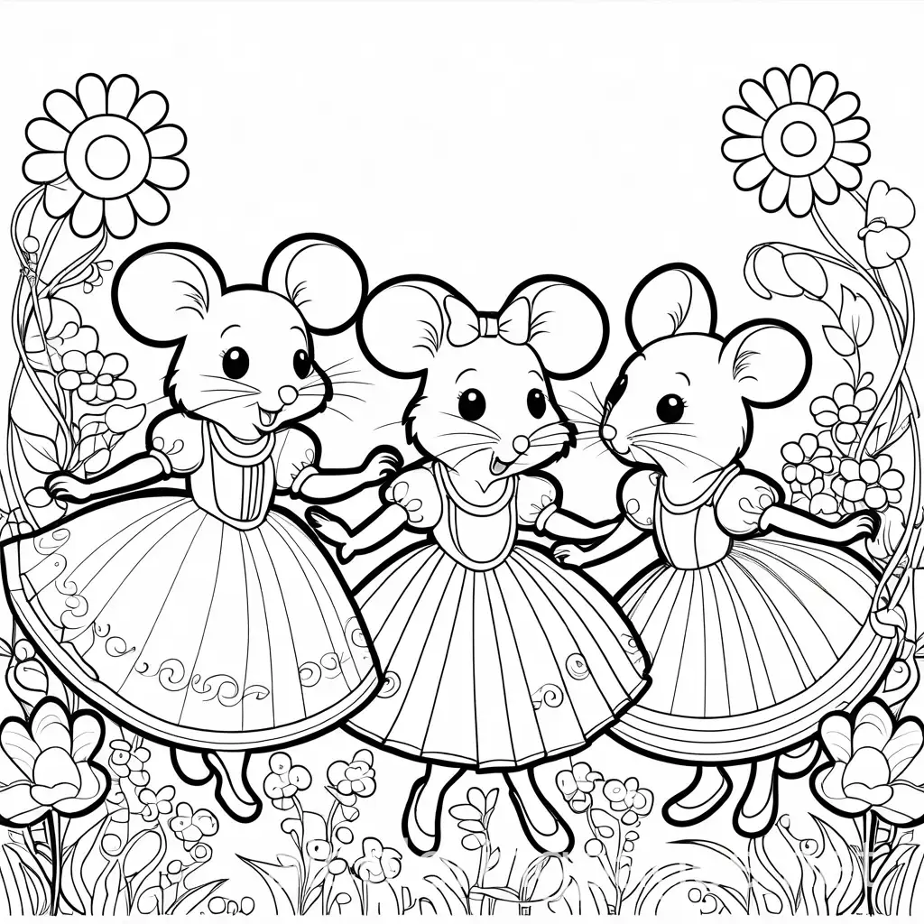 mice dressed in pretty dresses dancing under a flower garden, Coloring Page, black and white, line art, white background, Simplicity, Ample White Space. The background of the coloring page is plain white to make it easy for young children to color within the lines. The outlines of all the subjects are easy to distinguish, making it simple for kids to color without too much difficulty