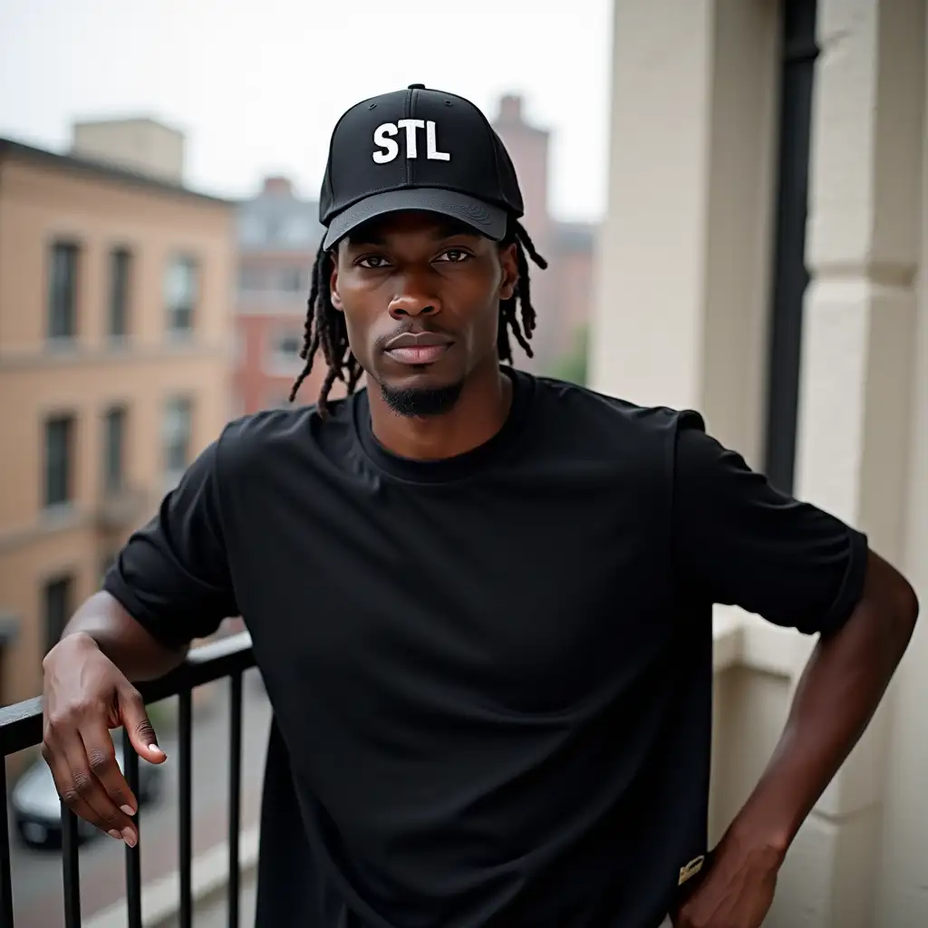 A light-skinned Black man with long dreads pulled back into a ponytail is leaning on a balcony. He is wearing an all-black baseball hat with 'STL' printed in white on the front. His outfit includes an all-black crew neck shirt, which is plain and clearly visible. The background features an urban balcony setting, adding depth and a laid-back city vibe to the scene.