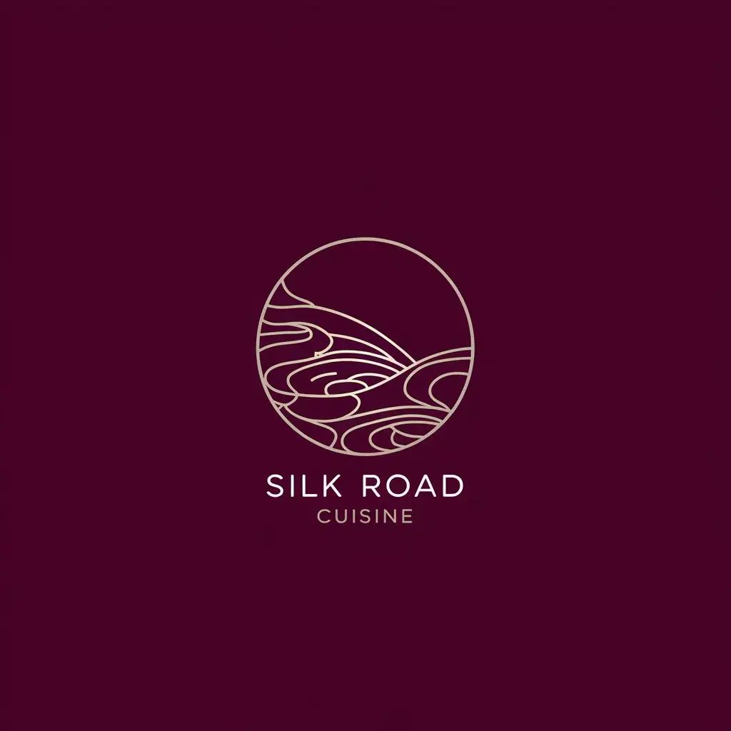 LOGO Design for Silk Road Cuisine Golden Line Art with Silk Pattern on Deep Liver Background