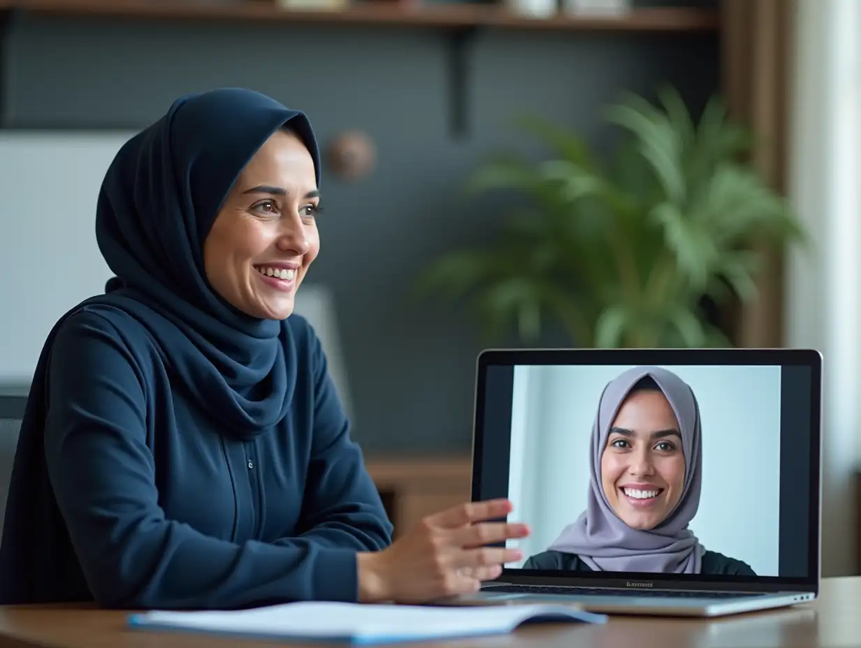 A hyperrealistic photograph of a female Iranian lawyer wearing a hijab conducting an online consultation with a client. She is sitting at her desk in a modern office, with a warm and welcoming smile on her face. The laptop screen displays a video conference with the client, who is shown with a friendly expression. The color palette includes deep indigo/purple-blue, white, and light gold, conveying approachability and trust. The entire image should have a photorealistic quality, with a focus on detail and realism.