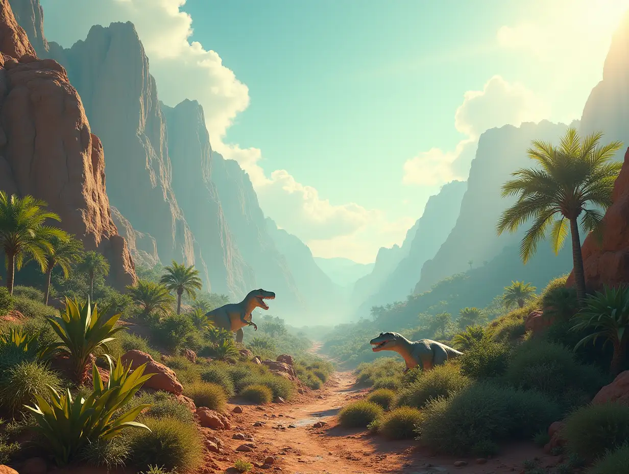 On a foreign planet with foreign plants with dinosaurs in a valley 4K resolution