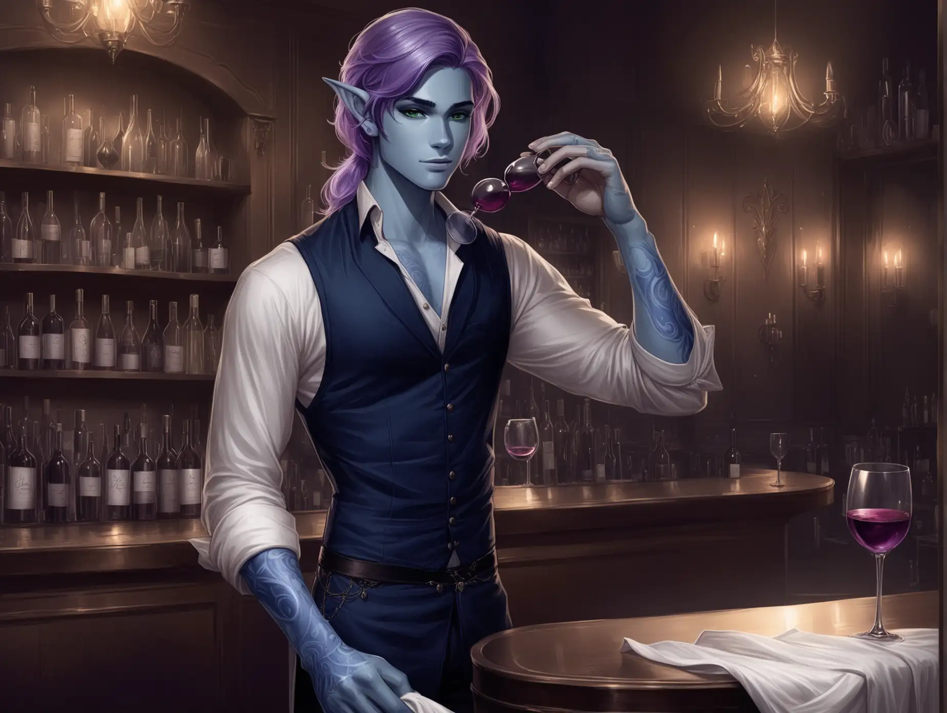 Bartender-Elf-with-Purple-Hair-Wiping-Wine-Glass-in-Fantasy-Brothel