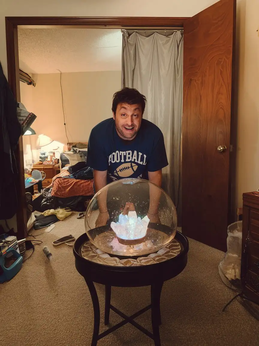 a funny guy with a football fan shirt looking at a glowing sphere with cristal bowls on a table, a messy sleeping room in the back