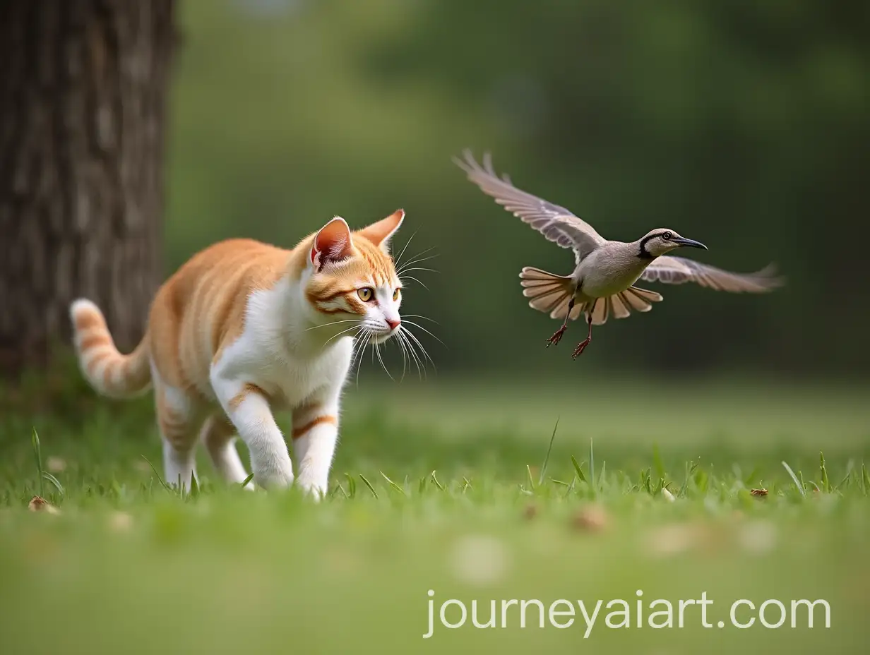 Cat-Chasing-Bird-in-a-Lush-Garden