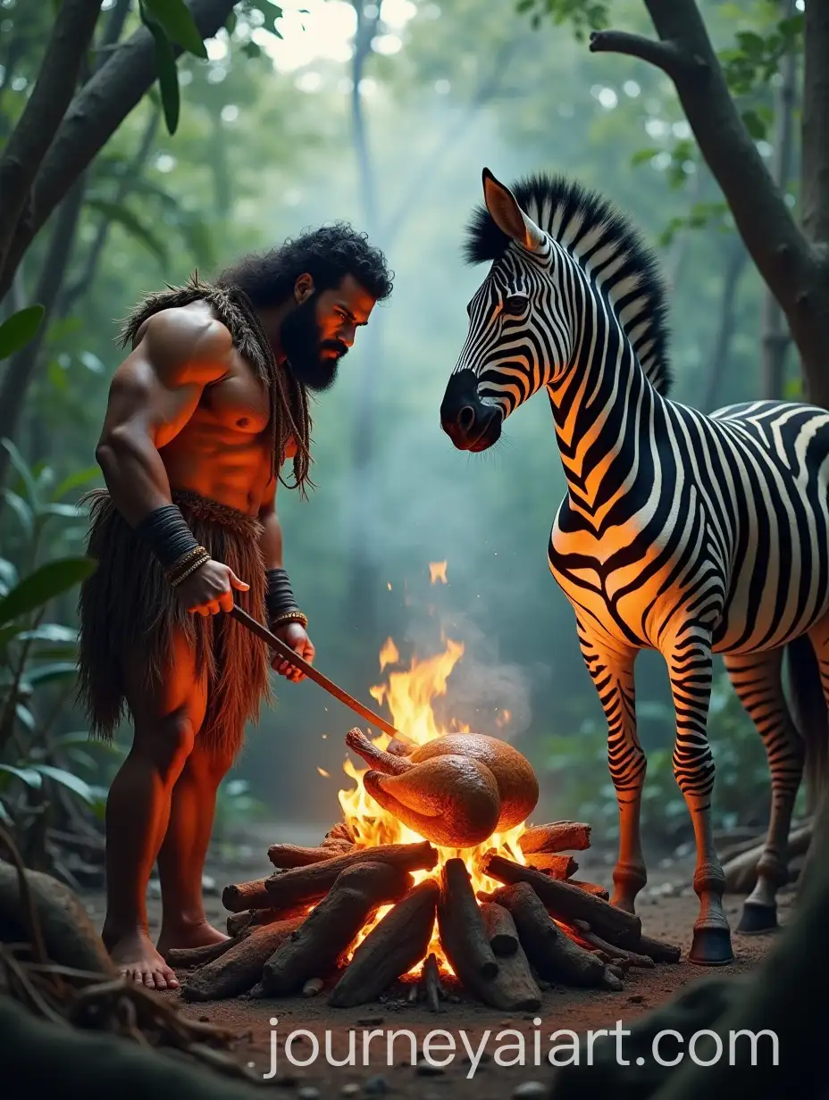 Muscular-Human-and-Fierce-Zebra-Cooking-a-Turkey-Over-an-Open-Fire-in-the-Amazon-Rainforest