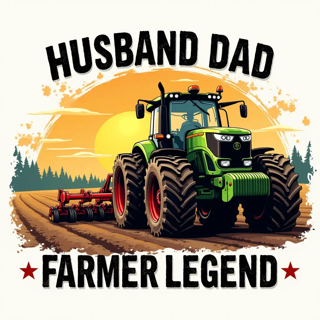 A powerful farming scene featuring a large green tractor with rugged tires, pulling a red and yellow plow through rich soil. The background showcases a warm, golden sunset over a vast open field, with trees lining the horizon. Bold text in distressed typography reads ‘HUSBAND DAD FARMER LEGEND’ with a white paint splatter effect behind it, adding a rustic and hardworking aesthetic. Vector illustration, Alcohol Ink ART