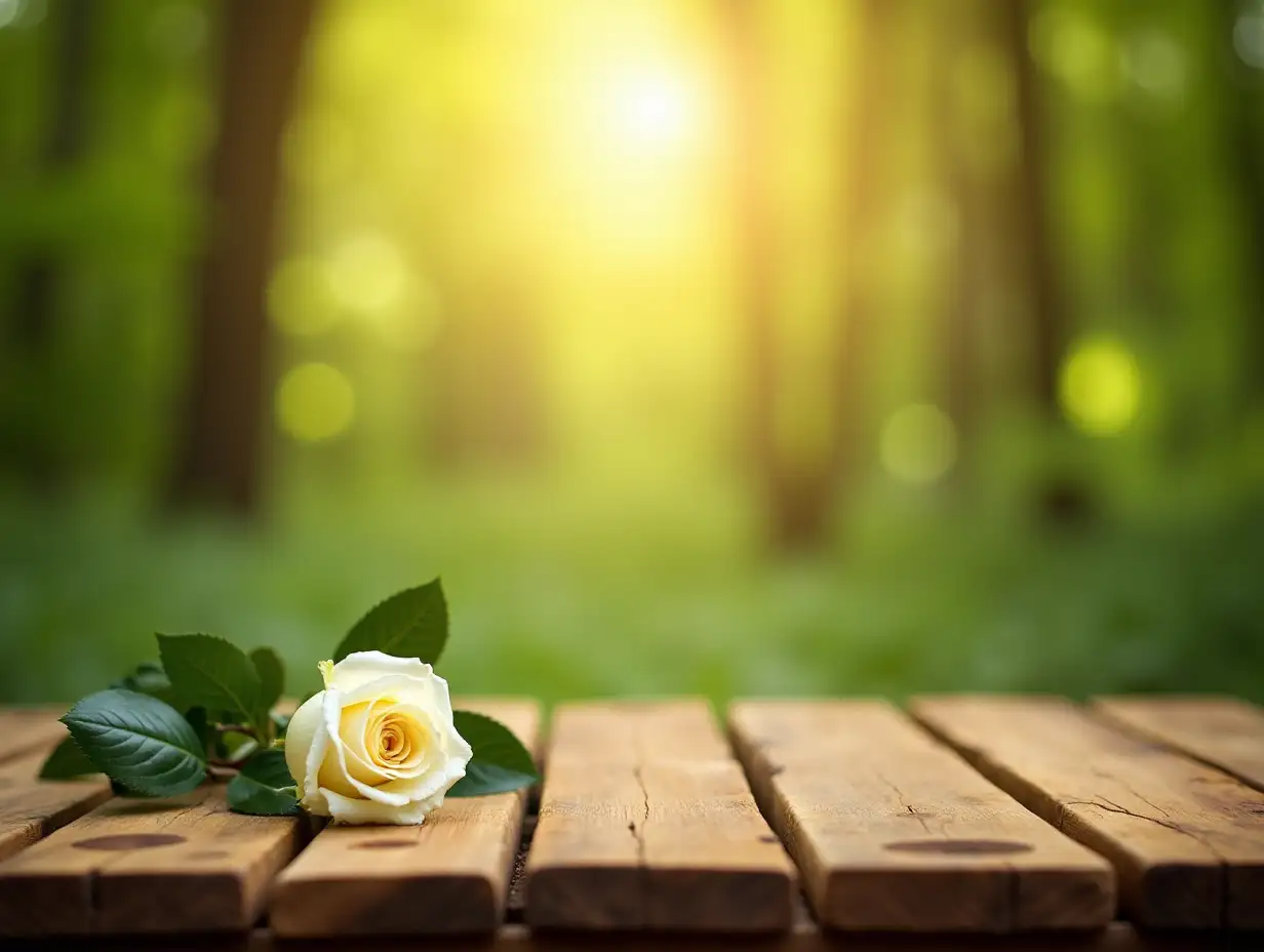 a beautiful and sunny forest in the middle of a wooden table with a white rose on it