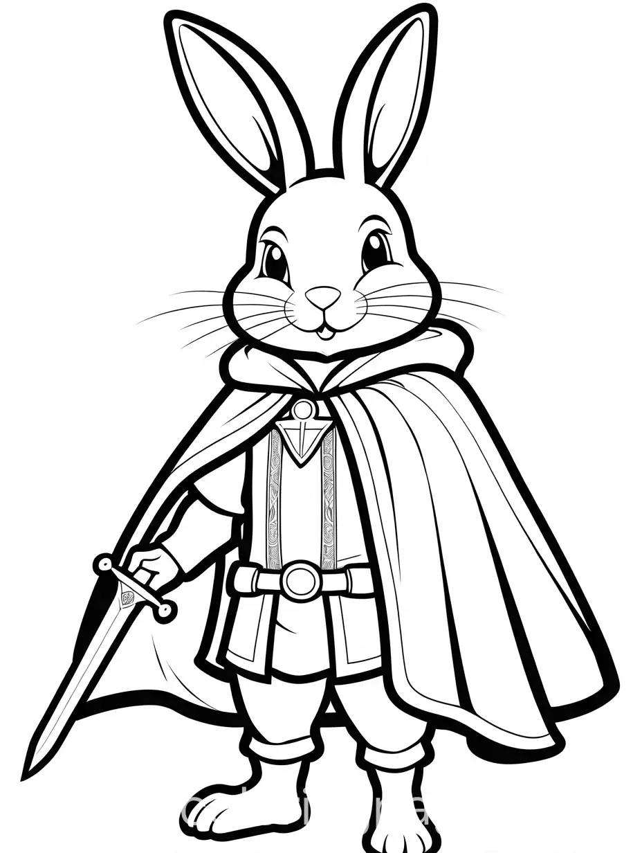 rabbit wearing a cape, a sword at his hip, Coloring Page, black and white, line art, white background, Simplicity, Ample White Space. The background of the coloring page is plain white to make it easy for young children to color within the lines. The outlines of all the subjects are easy to distinguish, making it simple for kids to color without too much difficulty