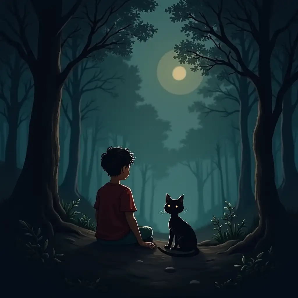 A Boy sitting on dark forest with cat