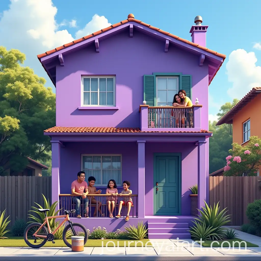 Vibrant-Purple-House-Painting-Scene-with-Happy-Family-and-Bicycle
