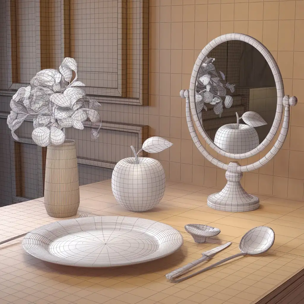 3D-Wireframe-Composition-of-an-Apple-on-a-Plate-Reflected-in-a-Mirror