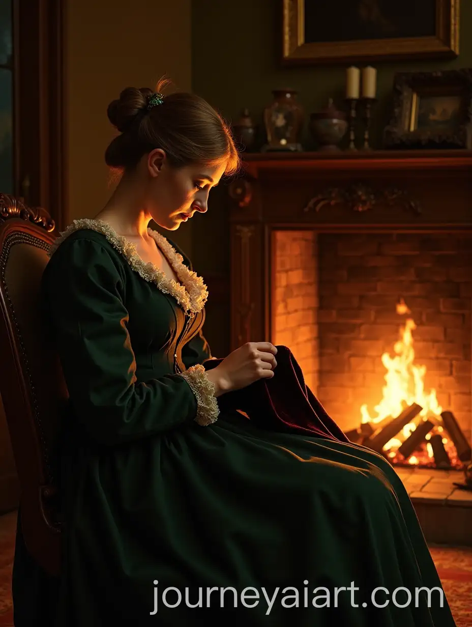MiddleAged-Woman-Knitting-Woolen-Socks-by-a-Fireplace-in-a-Cozy-Parlor