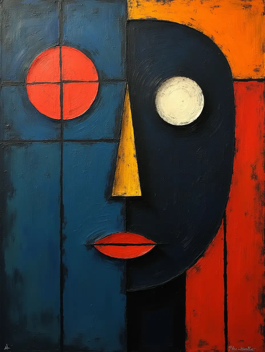A picture in a grid, line, primitively schematic minimalism, avant-garde, face, huge hovering eye, darkness in the style of Kandinsky, Malevich, minimalism, simplify for beginning artist with acrylic many colors, constructivism abstractionism, gloomily