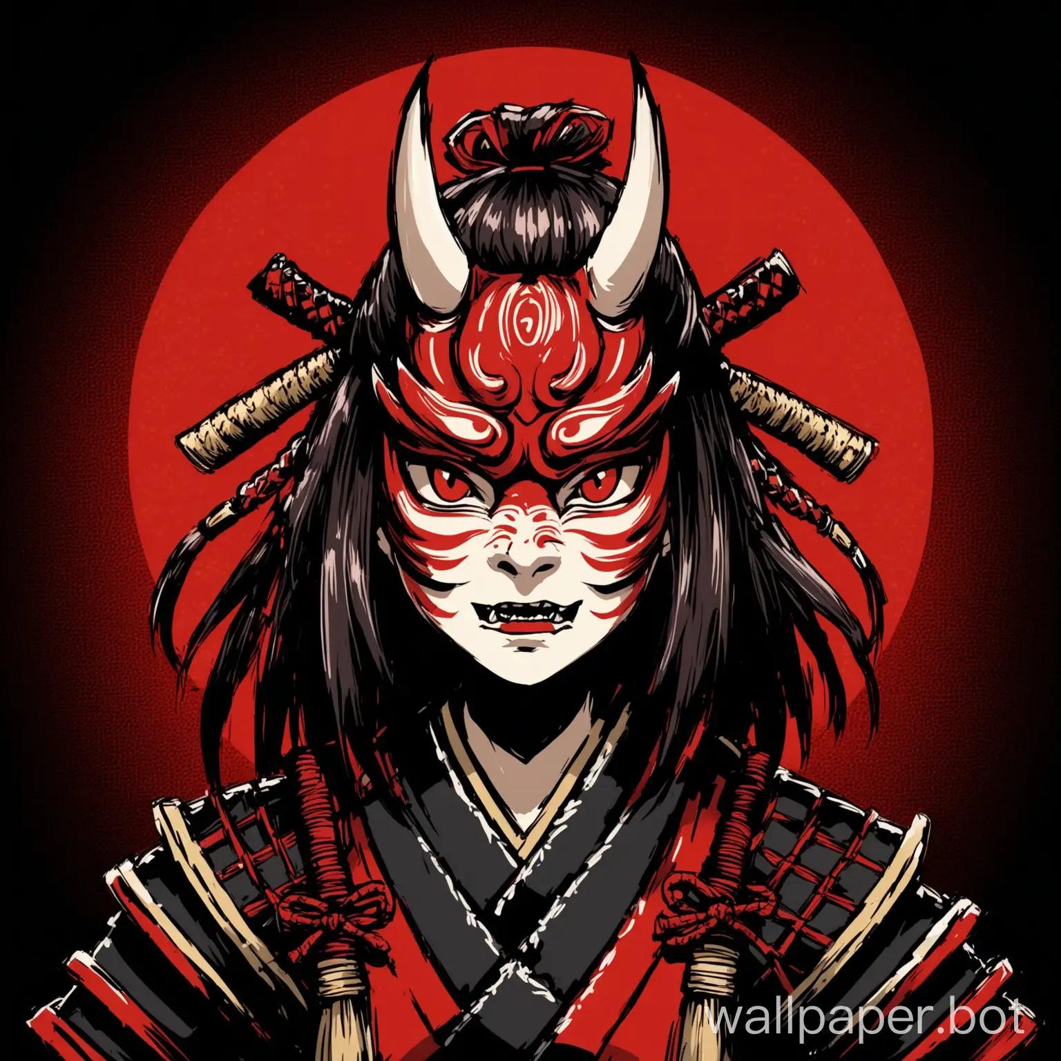 Samurai-Girl-with-Oni-Mask-on-Red-and-Black-Background