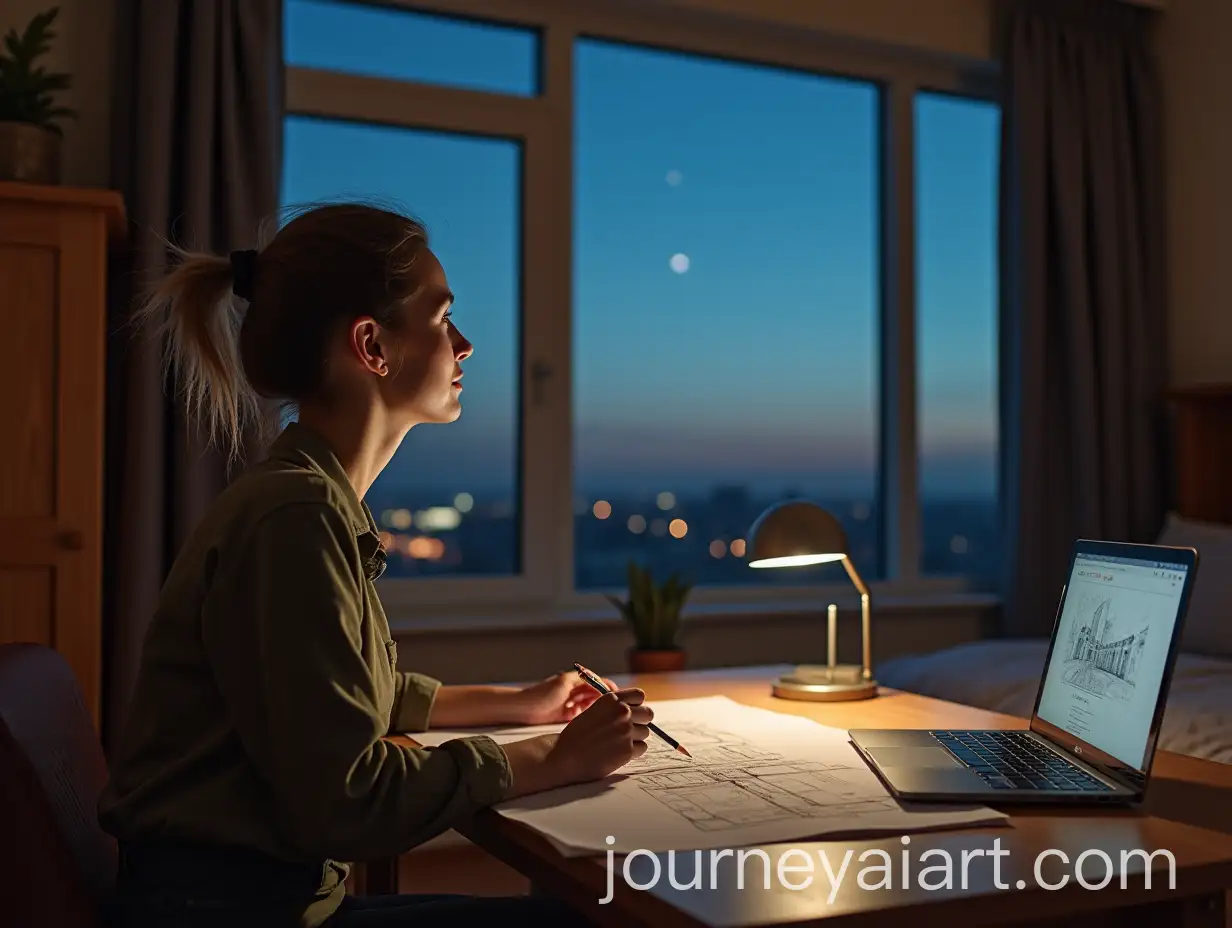 Young-Woman-Sketching-Architectural-Designs-by-Window-at-Night