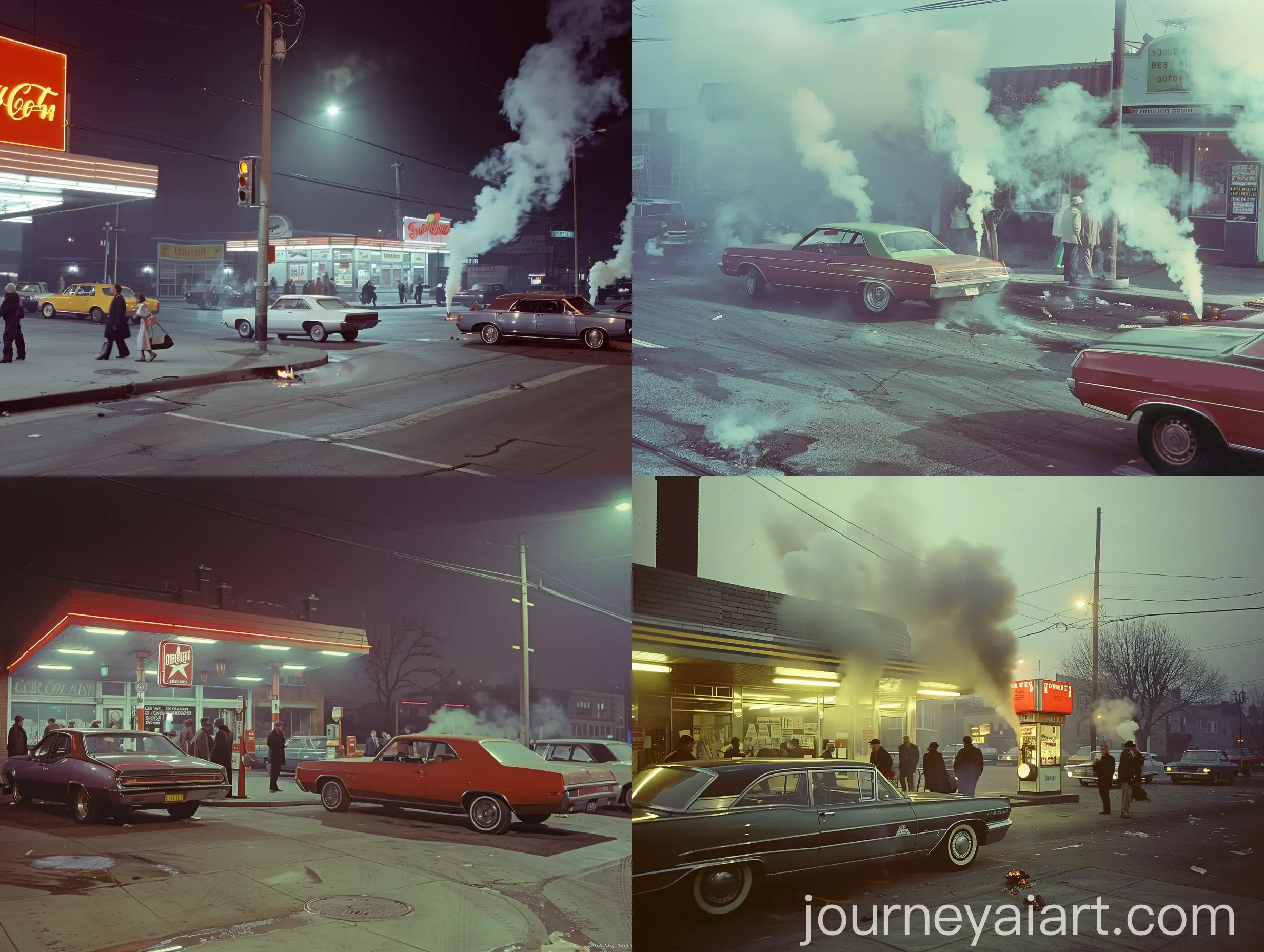 1970-Gasoline-Station-Scene-with-Smoking-People-and-Vintage-Cars