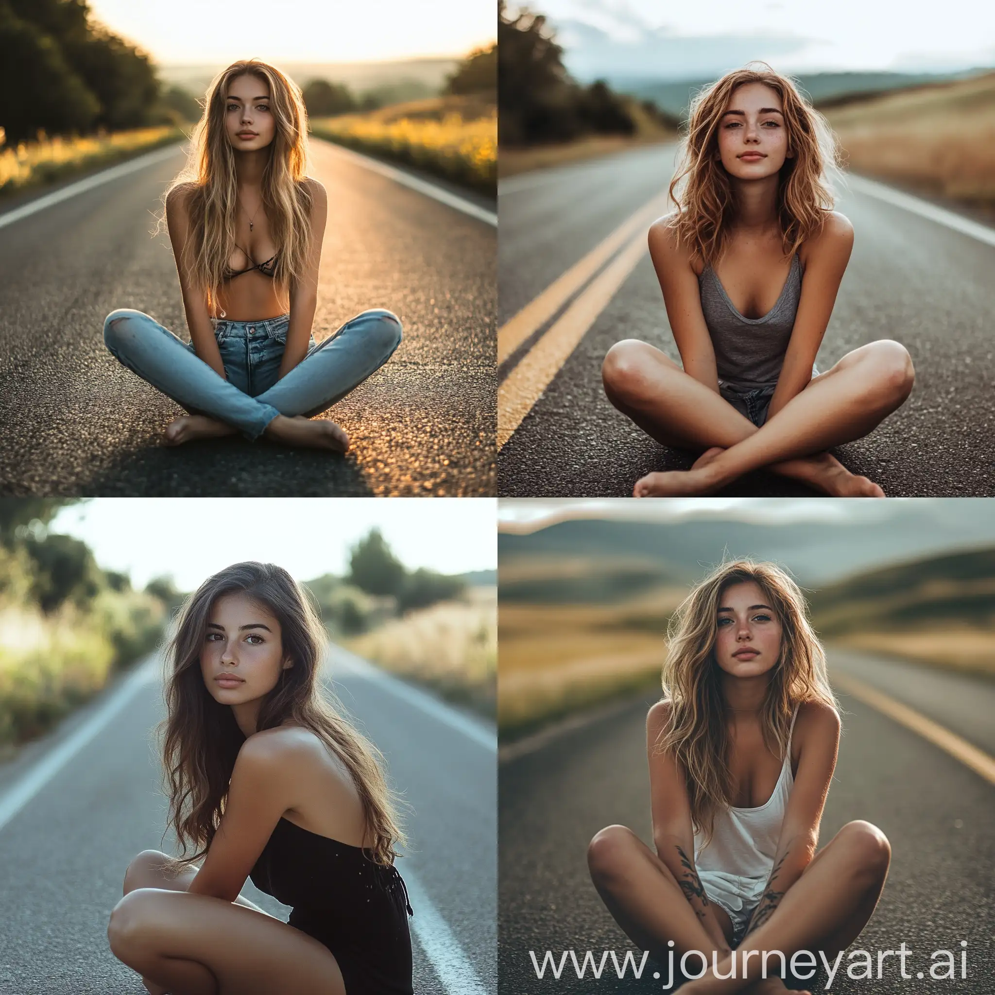 Young-Confident-Women-Sitting-on-Road