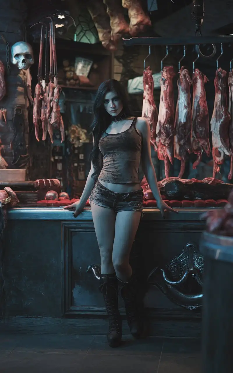 Dark-Fantasy-Slaughterhouse-Scene-with-Beautiful-Woman-and-Hanging-Carcasses