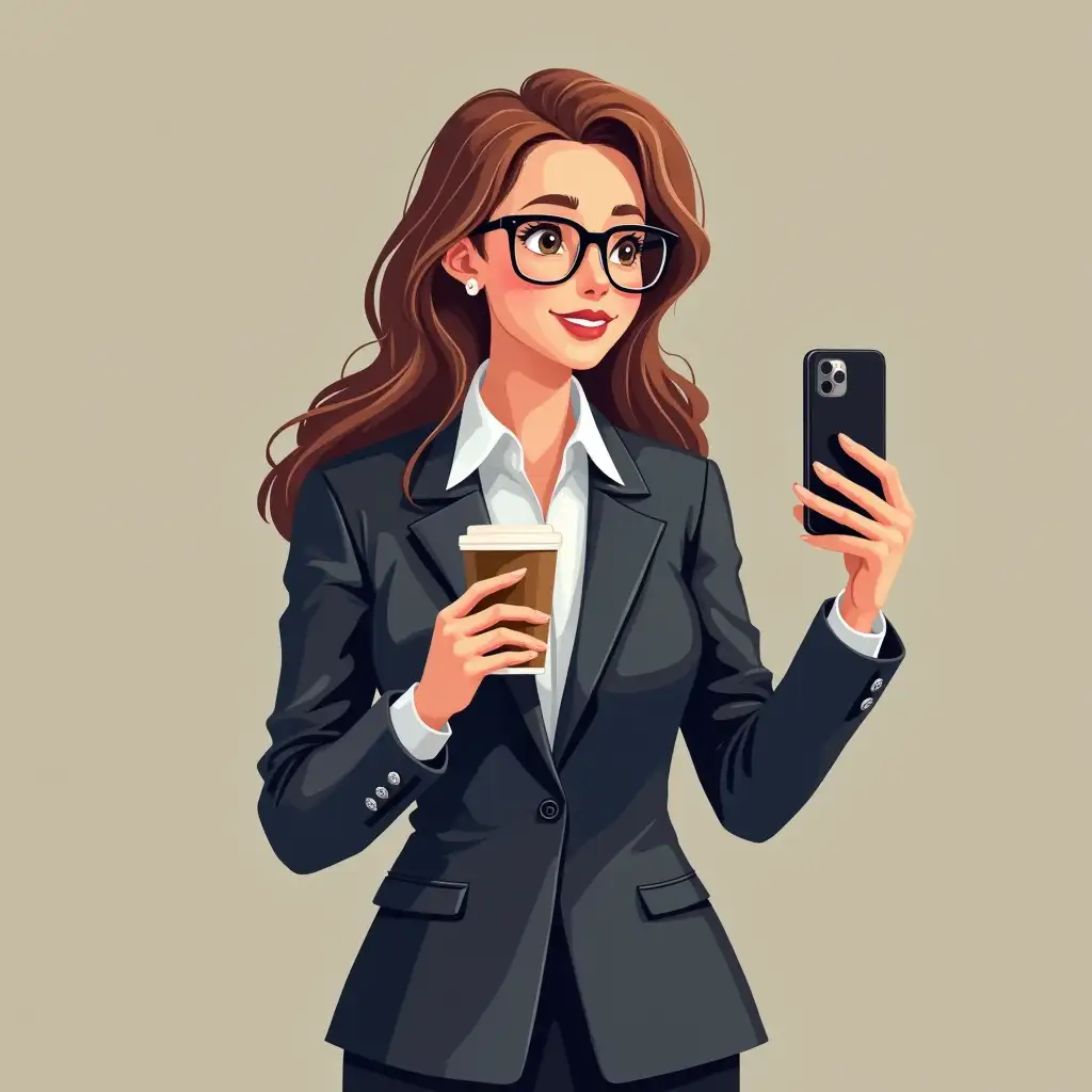 A girl is dressed in a business suit, accessories are glasses, coffee, iPhone
