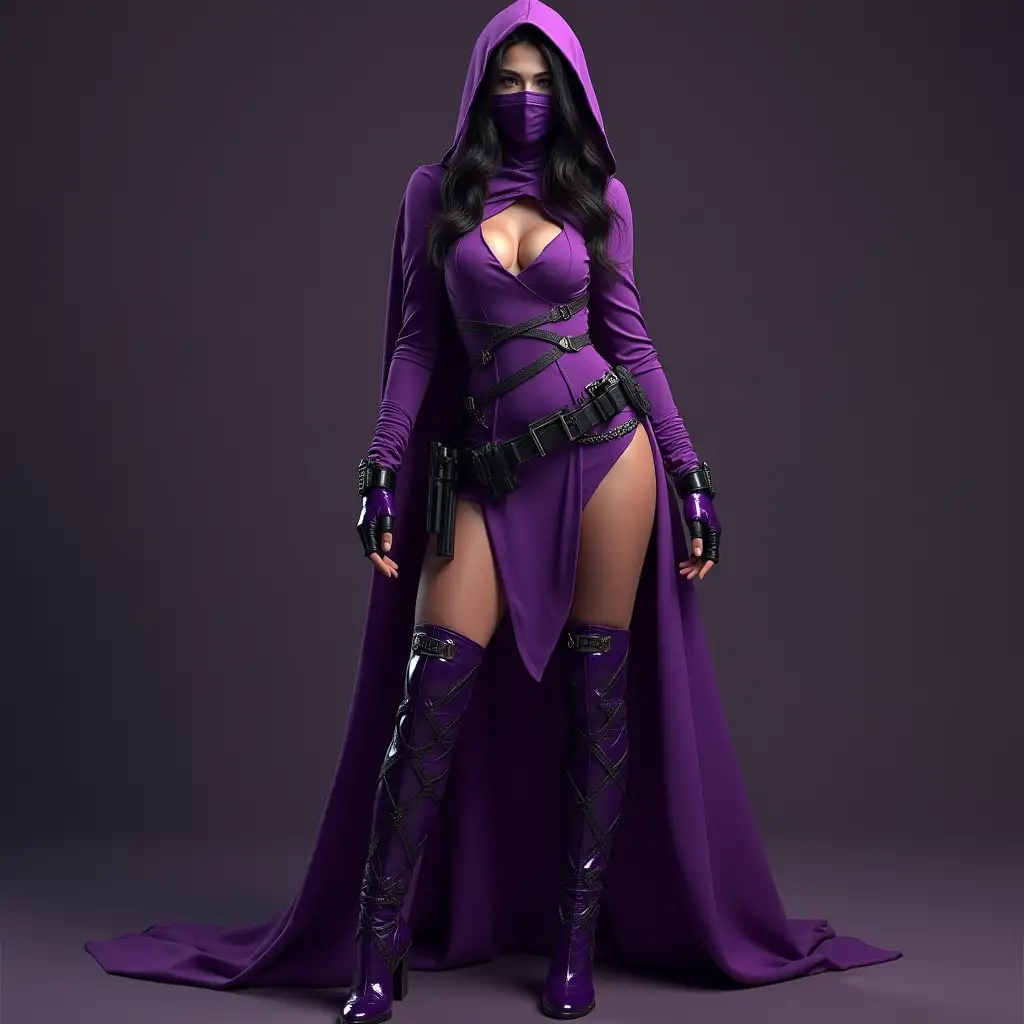 Assassin-Superhero-in-Purple-Thigh-Split-Dress-with-Utility-Belt-and-Swords